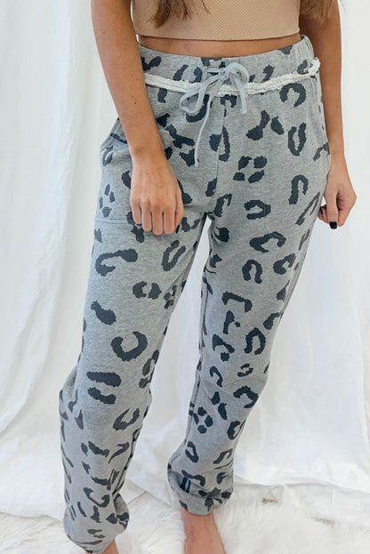 Leopard Print Drawstring High Waist Jogger Pants | Gray