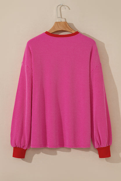 Corded Contrast Edge Drop Shoulder Long Sleeve Top | Bright Pink