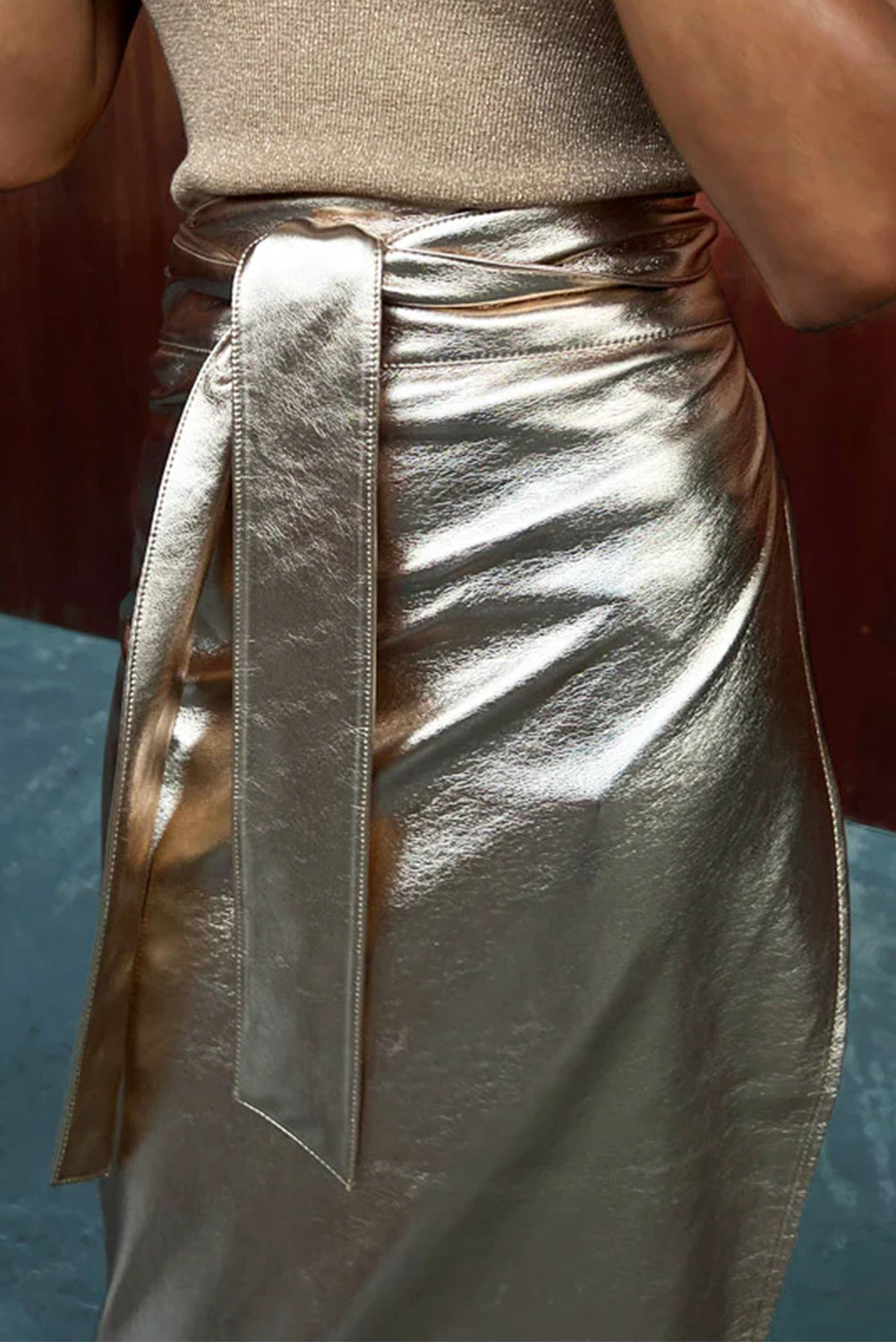 Metallic Leather Knotted Wrap Midi Skirt | Gold