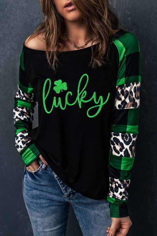 Green Lucky Clover Glitter Graphic Leopard Plaid Splicing Top