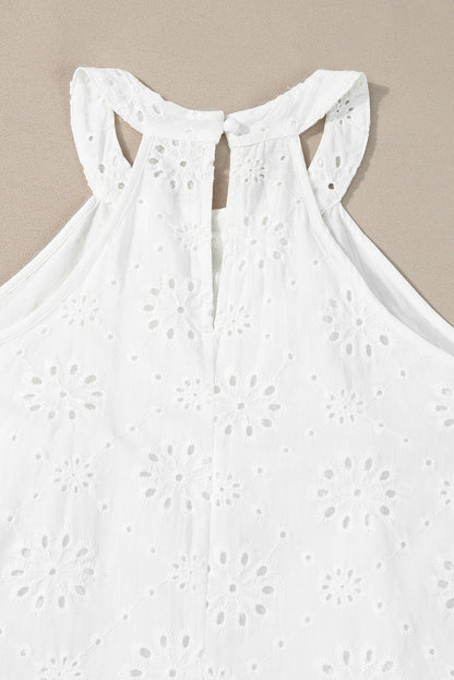 Boho Eyelet Pattern Halter Neck Sleeveless Dress | White