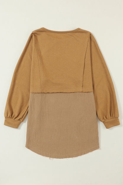 Crinkle Splicing Raw Hem High Low Oversized Blouse | Camel