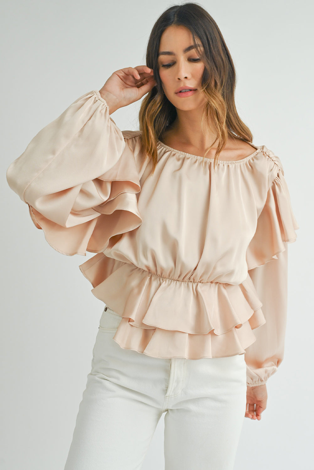 Lace-Up Keyhole Back Ruffled Peplum Blouse | Oatmeal