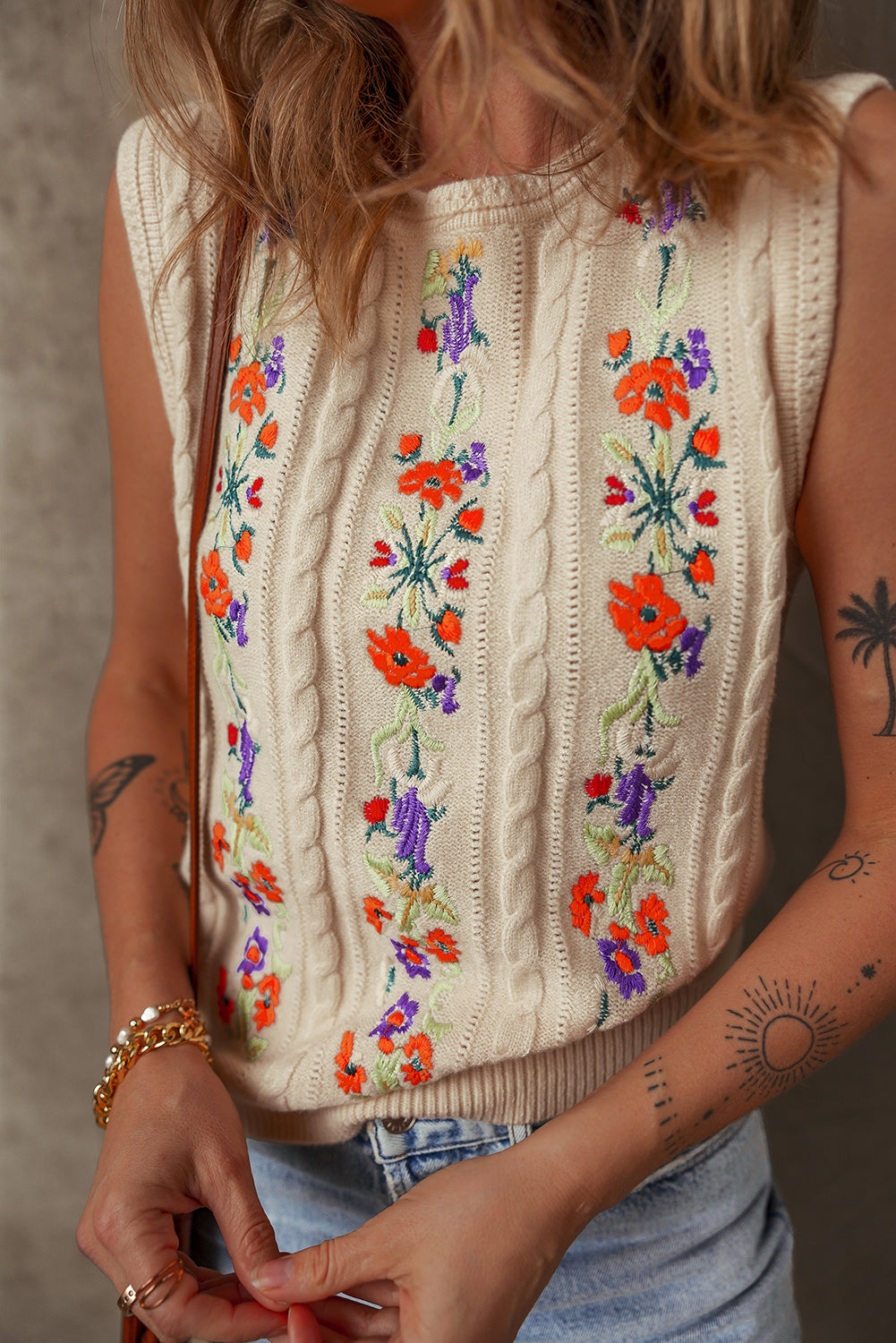 Embroidered Floral Cable Knit Sweater Vest | Jet Stream