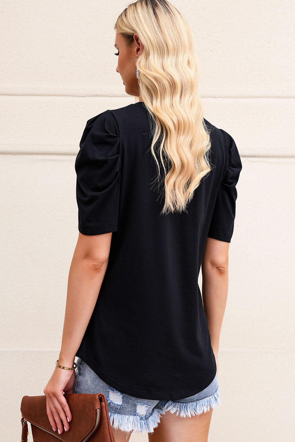 Puff Sleeve V-Neck T-Shirt | Black