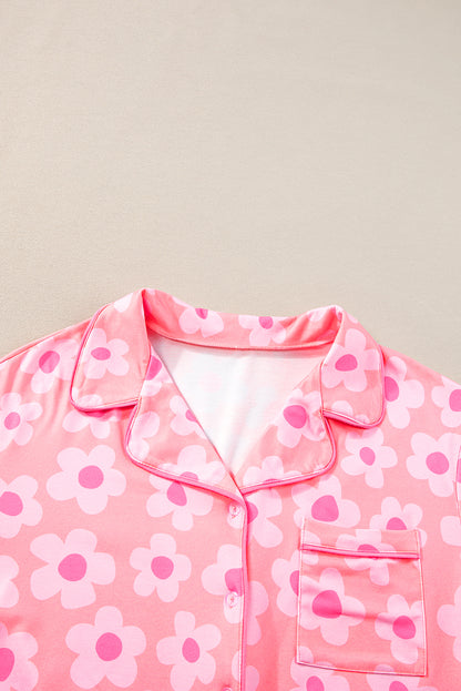 Flower Print Short Sleeve Shirt Pajamas Set | Pink