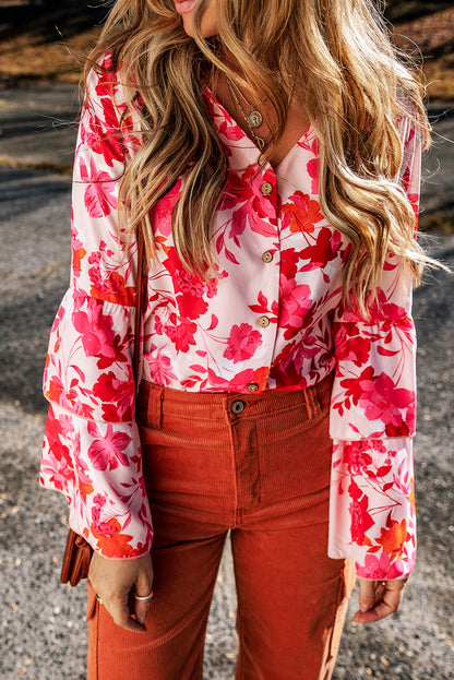 Floral Print Tiered Bell Long Sleeve Buttoned Bodysuit | Pink