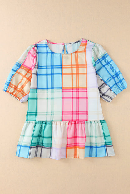 Bold Plaid Colour Block Puff Sleeve Peplum Top | Multicolour