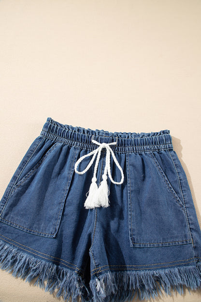 Raw Hem Drawstring High Waist Denim Shorts With Pockets | Ashleigh Blue