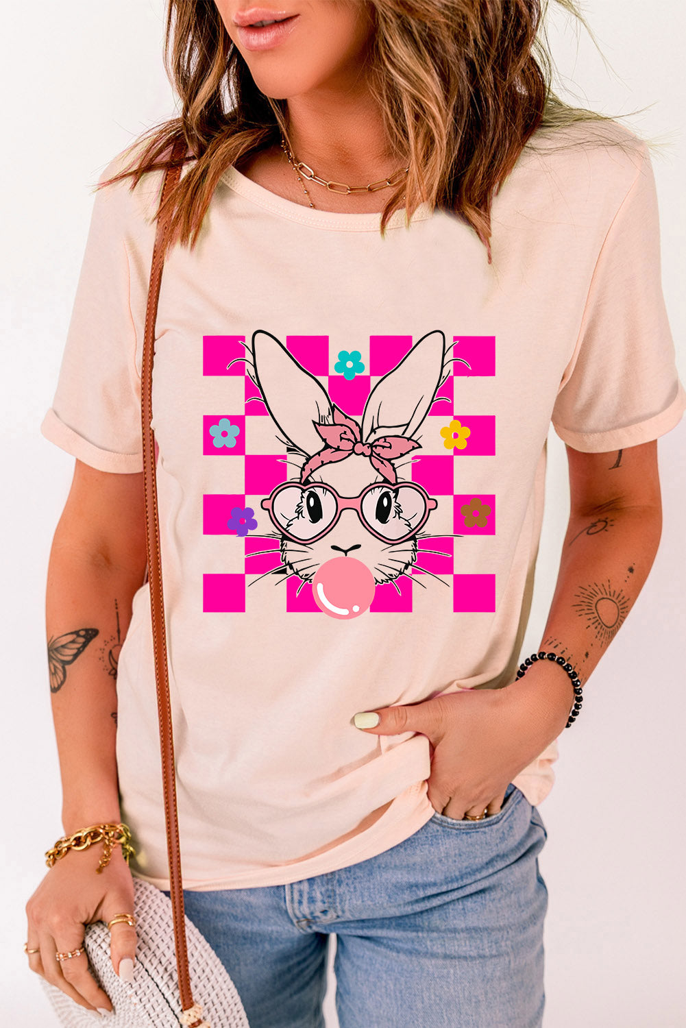 Easter Rabbit Checkered Flower Print O-Neck T Shirt | Pink