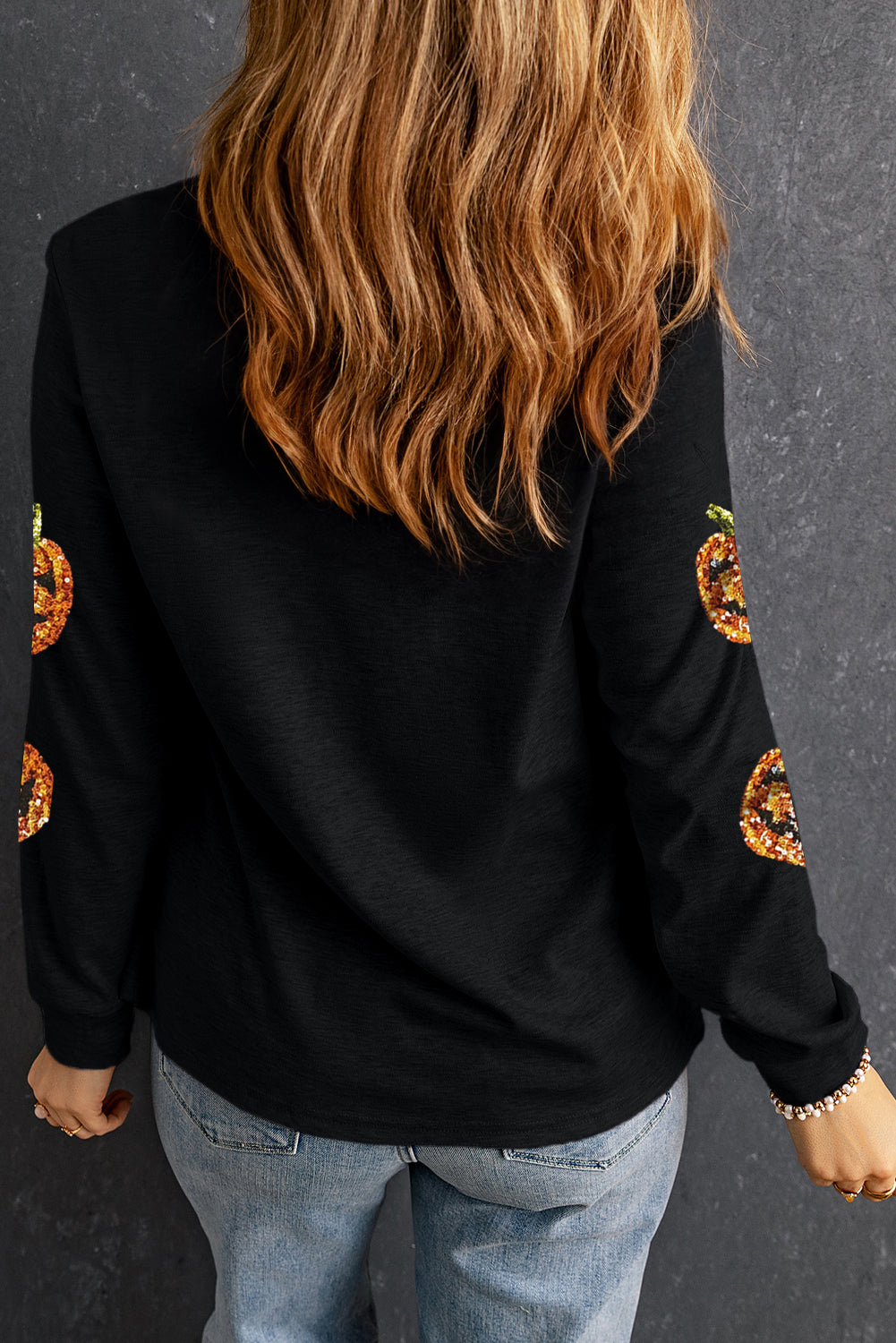 Halloween Sequin Pumpkin Face Pullover Long Sleeve Top | Black