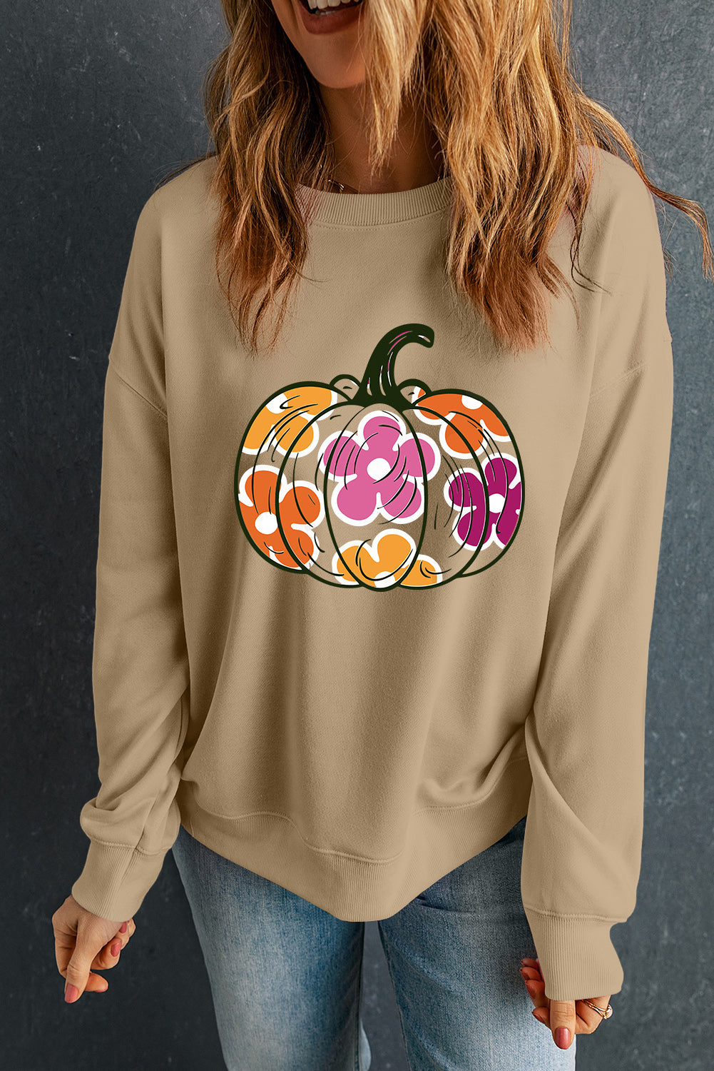 Halloween Floral Pumpkin Graphic Drop Shoulder Sweatshirt | Khaki