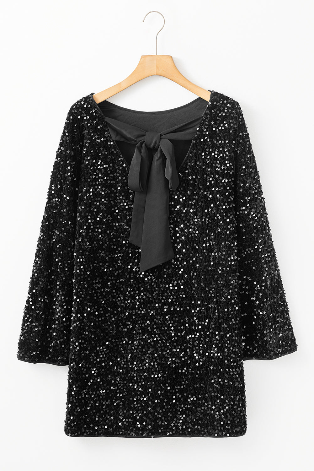 Sequin Long Sleeve Knot Cutout Back Mini Dress | Black