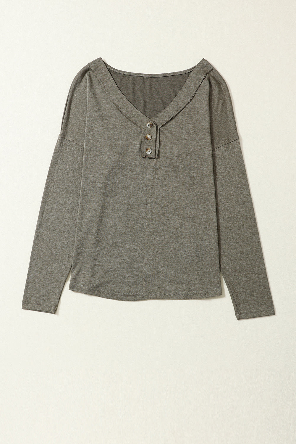 Long Sleeve V-Neck Stitching Henley Top | Khaki