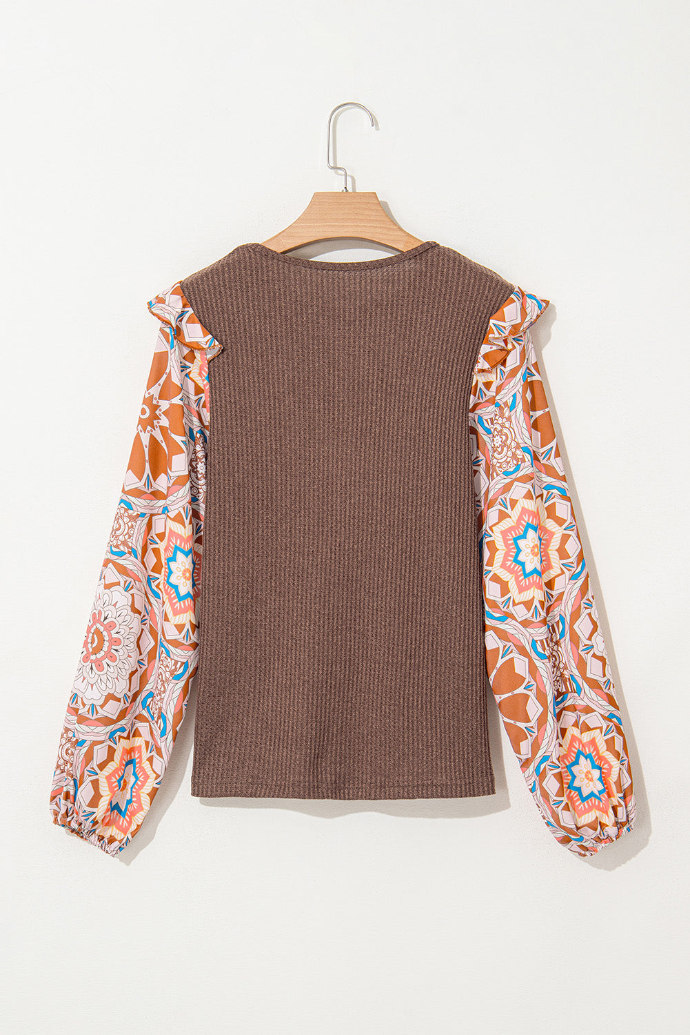 Ruffled Floral Sleeve Patchwork Waffle Knit O Neck Blouse | Coffee