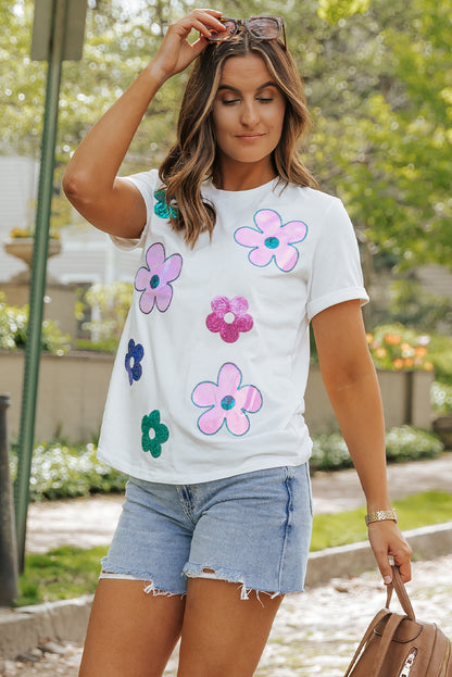 Sequined Flower Pattern Round Neck T Shirt | White