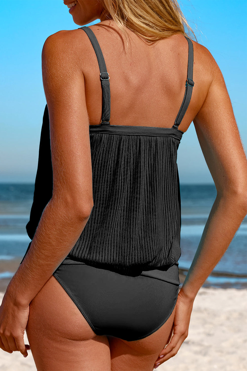 Striped Mesh Knotted Hem Tankini Swimsuit | Black