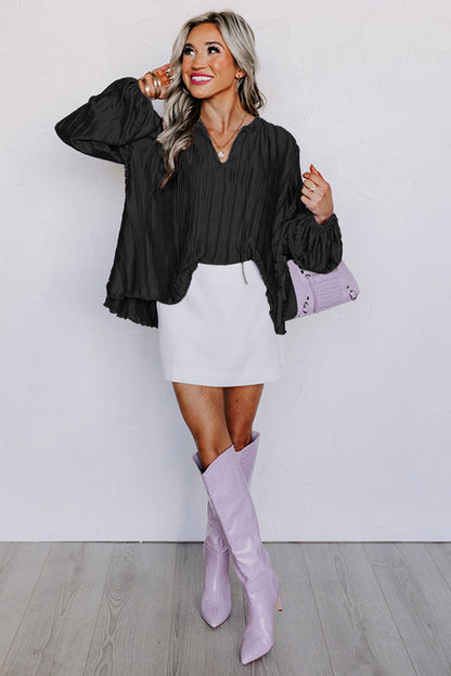 Textured Bubble Sleeve V Neck Loose Blouse | Black