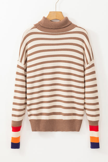 Colourblock Bishop Sleeve Turtleneck Sweater | Brown Stripe