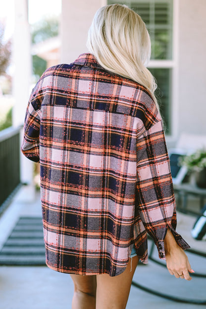 Oversized Flap Pockets Plaid Shacket With Slits | Blue