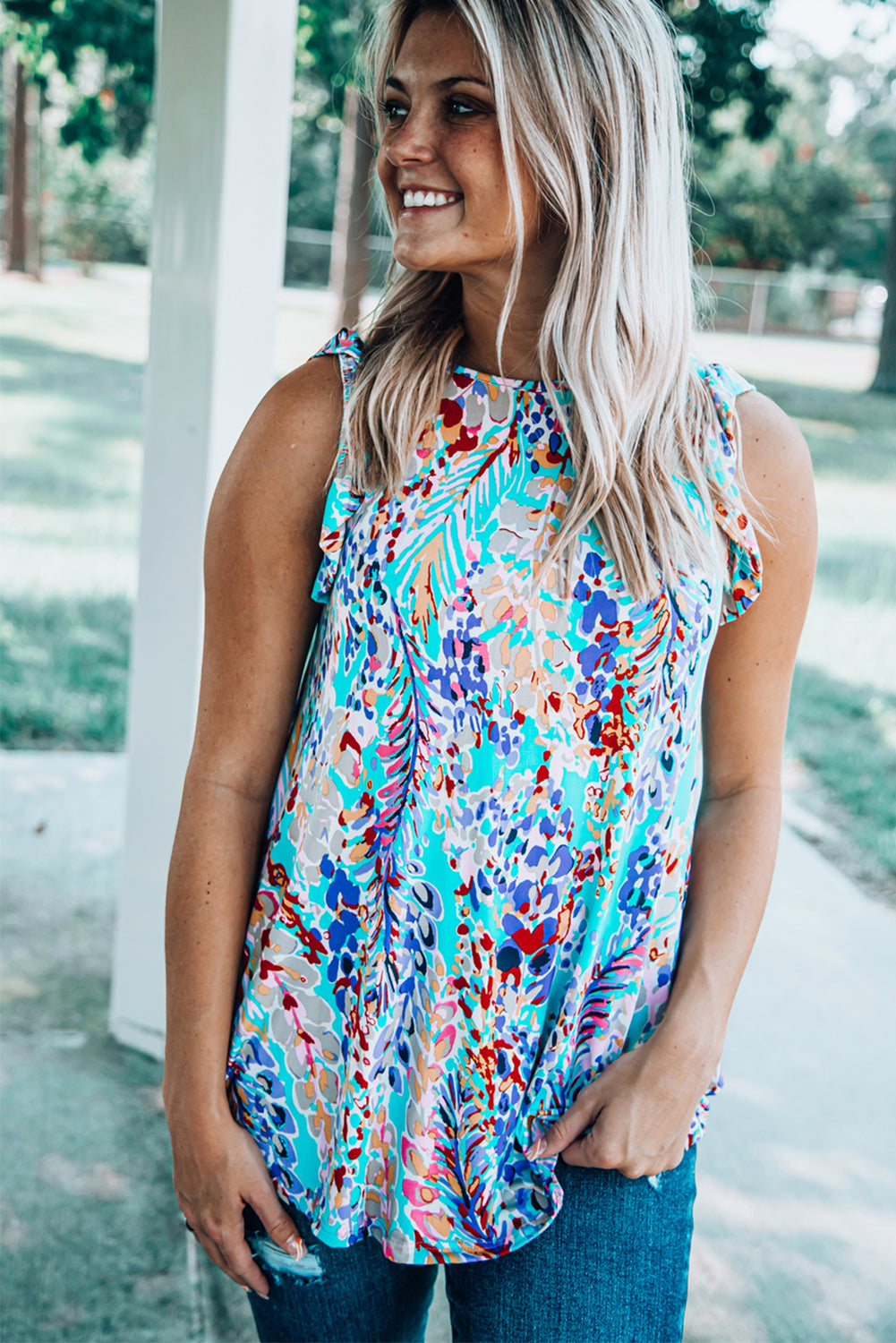 floral Print Tank Top With Ruffles | Sky Blue