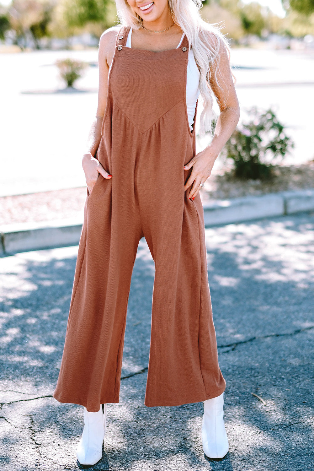 Textured Buttoned Straps Ruched Wide Leg Jumpsuit | Gold Flame