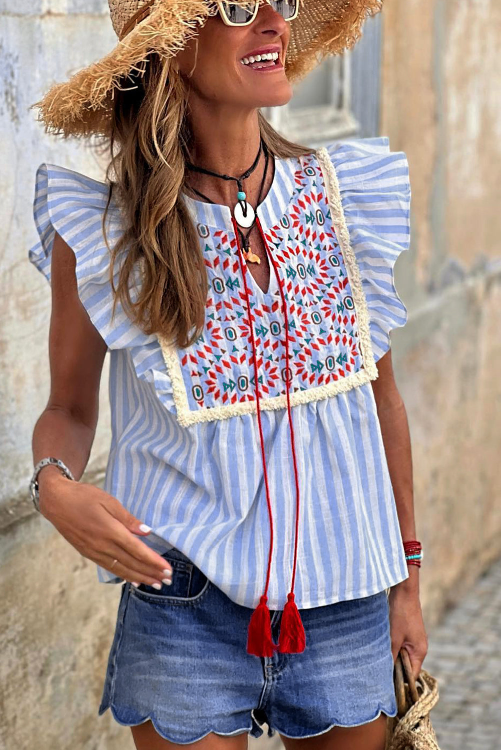 Geo Pattern Embroidered Tassel Flutter Blouse | Sky Blue Stripe