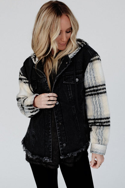 Plaid Sleeve Frayed Hem Hooded Denim Jacket | Black