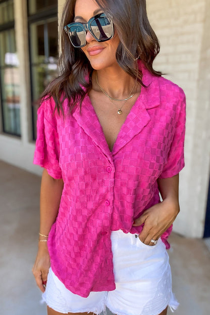 Lapel Neck Checkered Textured Short Sleeve Shirt | Bright Pink