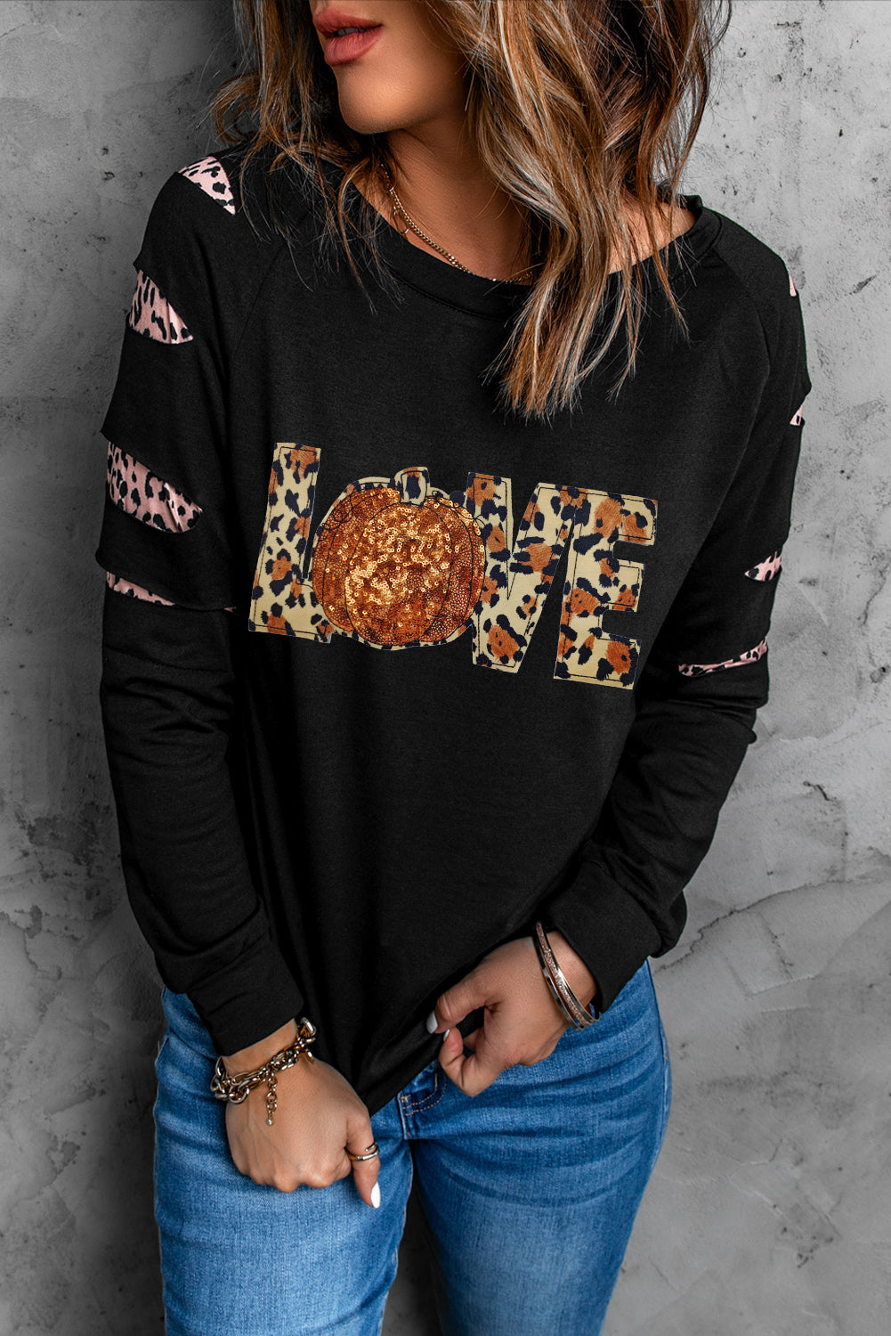 Love Sequin Pumpkin Leopard Print Cut Out Sleeve Sweatshirt | Black