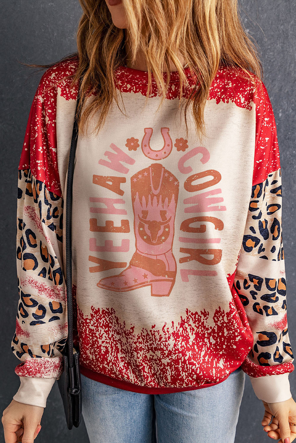 Red YEEHAW COWGIRL Graphic Bleached Scatter Leopard Sleeve Sweatshirt