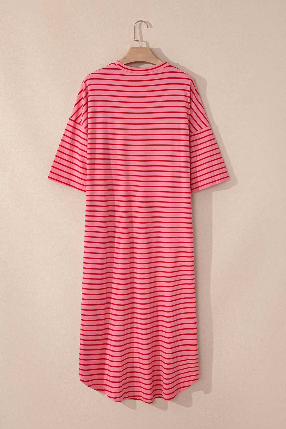 Striped 3/4 Sleeve Round Hem Shift T Shirt Dress | Strawberry Pink