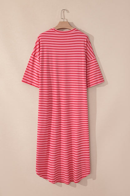 Striped 3/4 Sleeve Round Hem Shift T Shirt Dress | Strawberry Pink