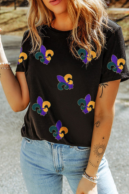 Chenille Mardi Gras Pattern Patched Crew Neck Tee | Black