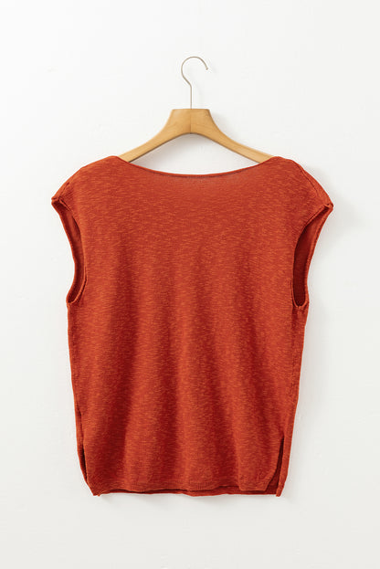 Solid Colour Split V Neck Short Sleeve Sweater | Orange