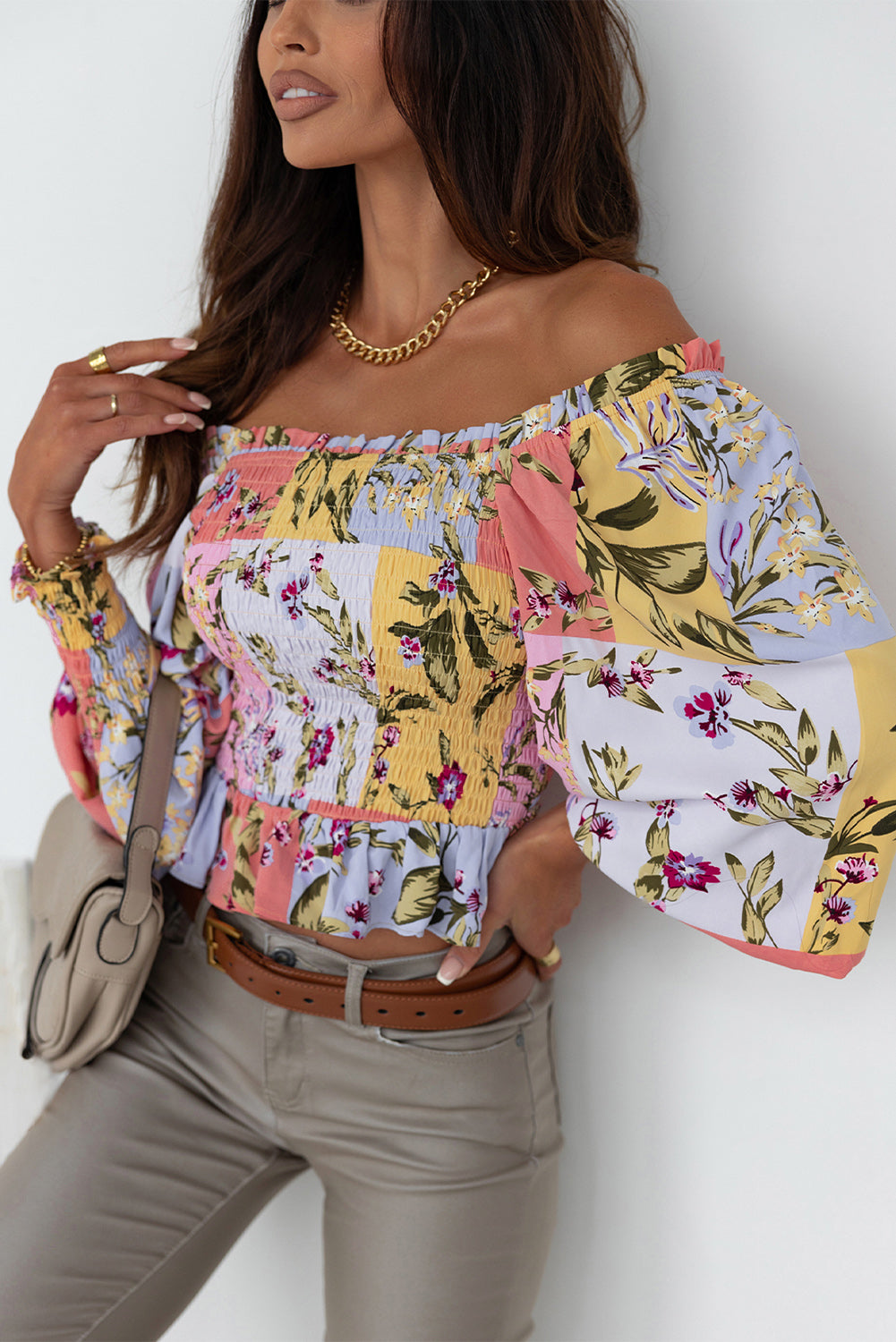 Smocked Floral Frilled Trim Square Neck Blouse | Multicolour