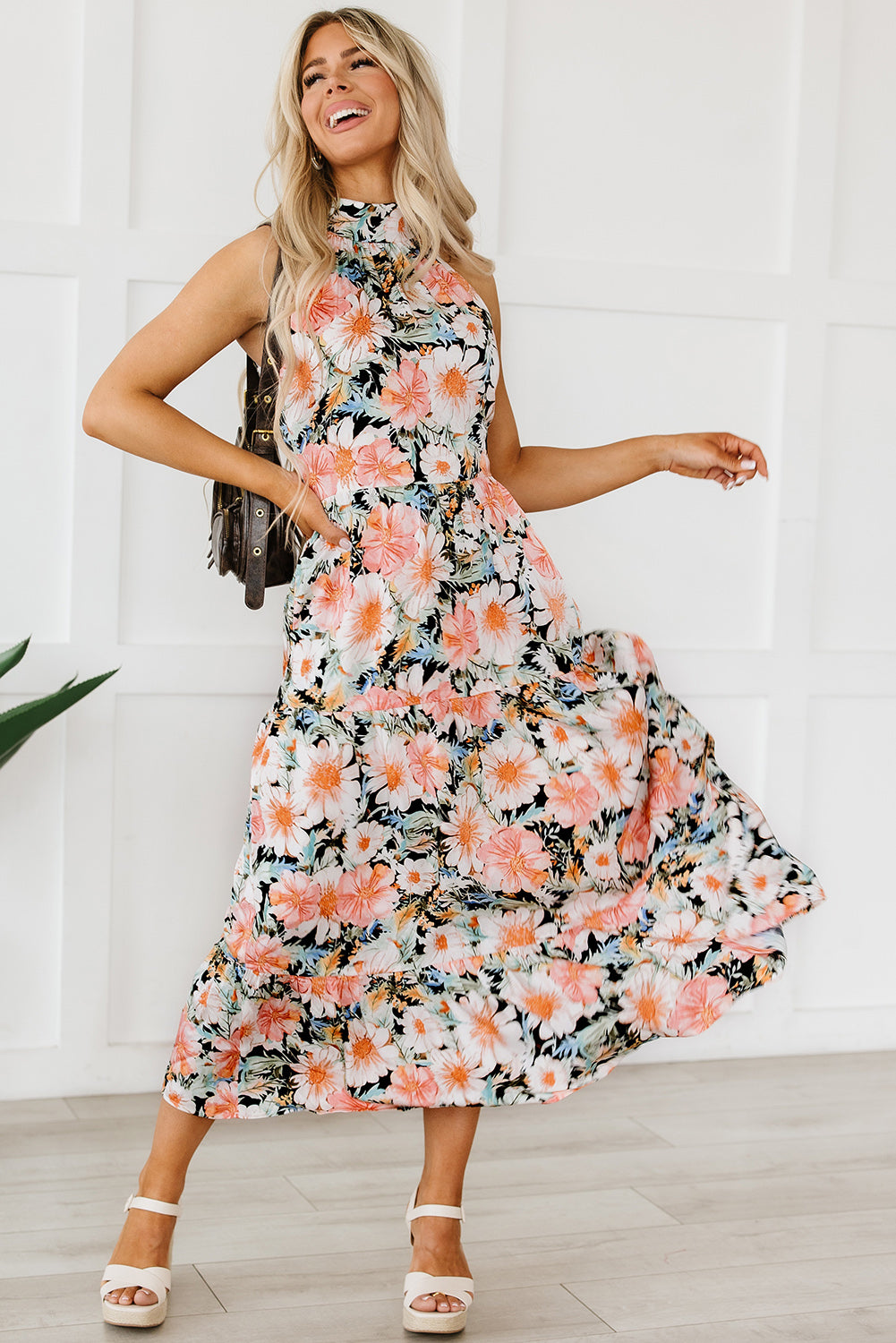 Boho Floral Print Knotted Halter Ruffled Maxi Dress | Black