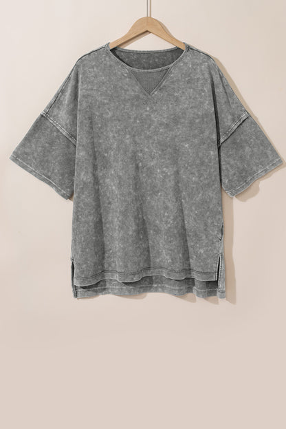 Mineral Wash Drop Sleeve Patchwork Plus Tee | Light Grey