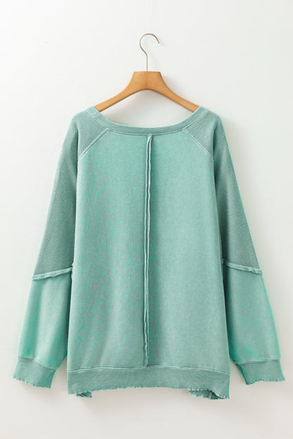 Textured Patchwork Frilled Trim Plus Size Pullover Sweatshirt | Mineral Blue