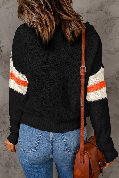 Chevron Striped Drop Shoulder Sweater | Black