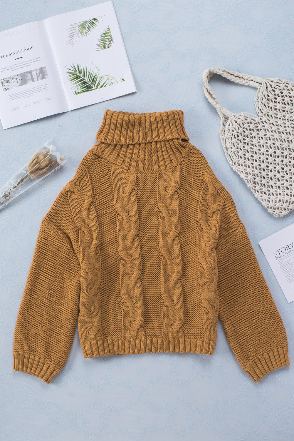 Cuddle Weather Cable Knit Handmade Turtleneck Sweater | Yellow