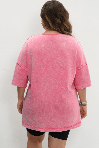 Mineral Wash Drop Sleeve Patchwork Plus Tee | Strawberry Pink