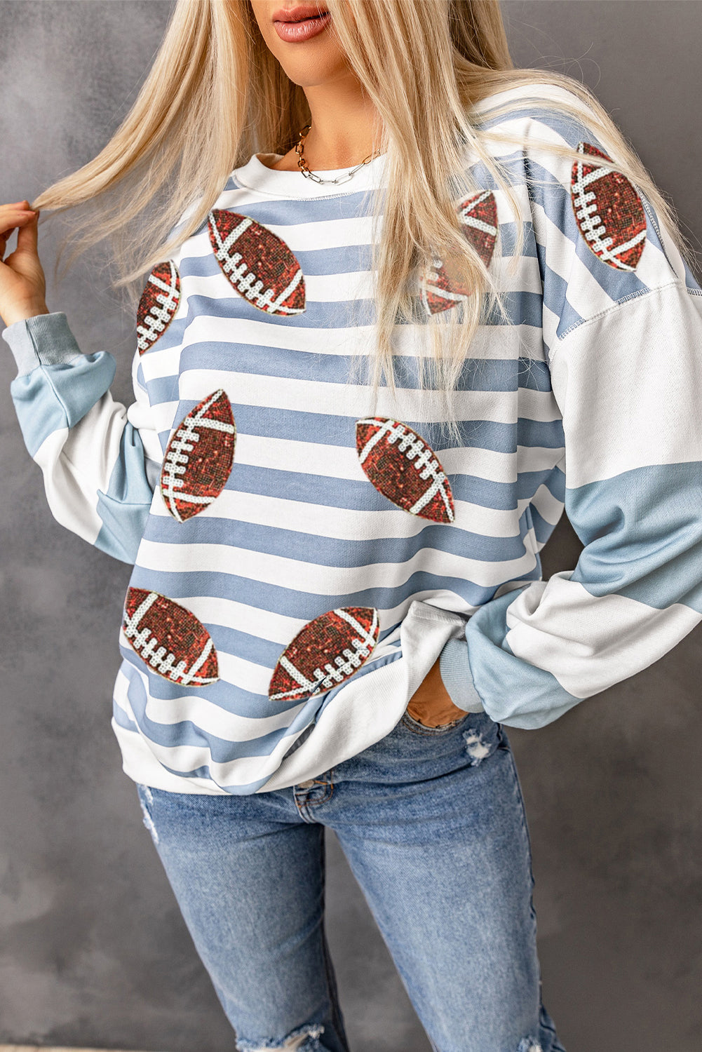 Sequined Rugby Football Pattern Pullover Sweatshirt | Stripe