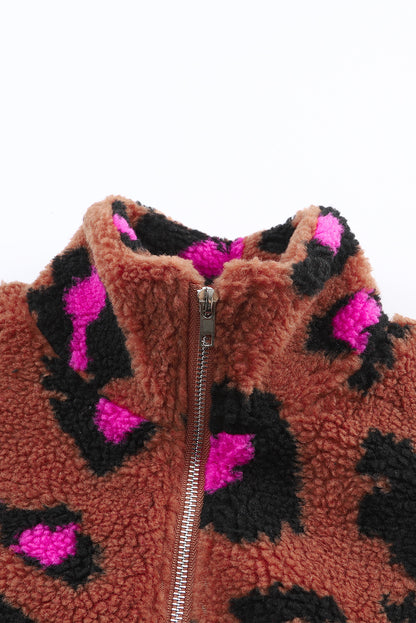 Zip Up Stand Collar Sherpa Teddy Jacket | Leopard