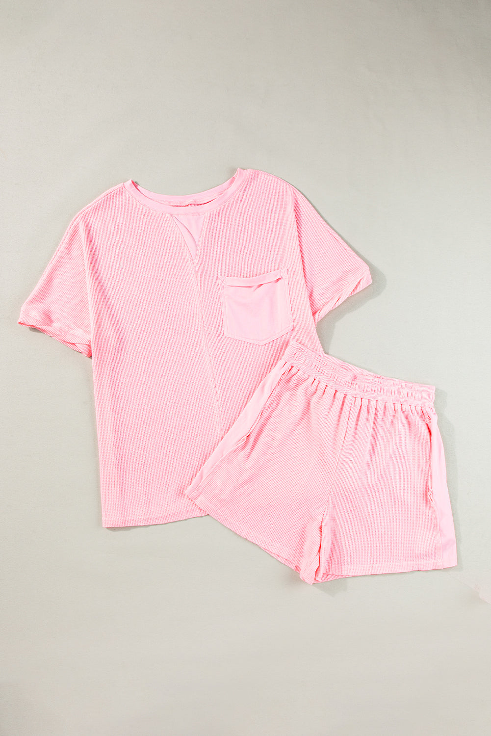 Waffle Knit Oversize Tee And Shorts Set | Light Pink