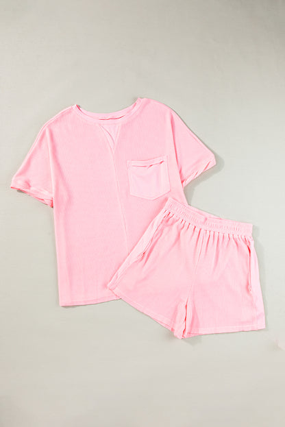 Waffle Knit Oversize Tee And Shorts Set | Light Pink