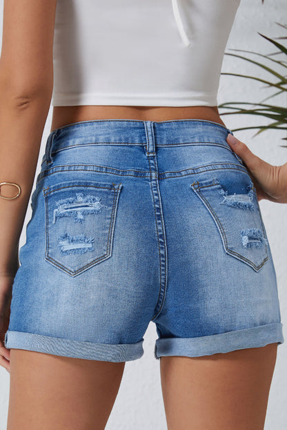 Vintage Distressed High Waist Pocket Denim Shorts | Sky Blue