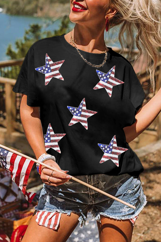 Black Sequined American Flag Star Graphic T Shirt