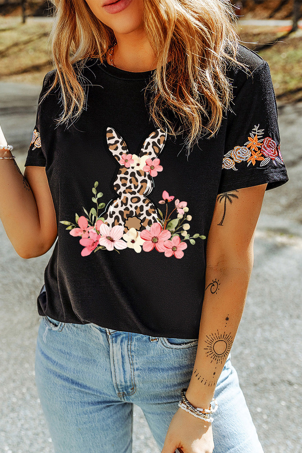 Easter Bunny Flower Embroidered Crew Neck T Shirt | Black