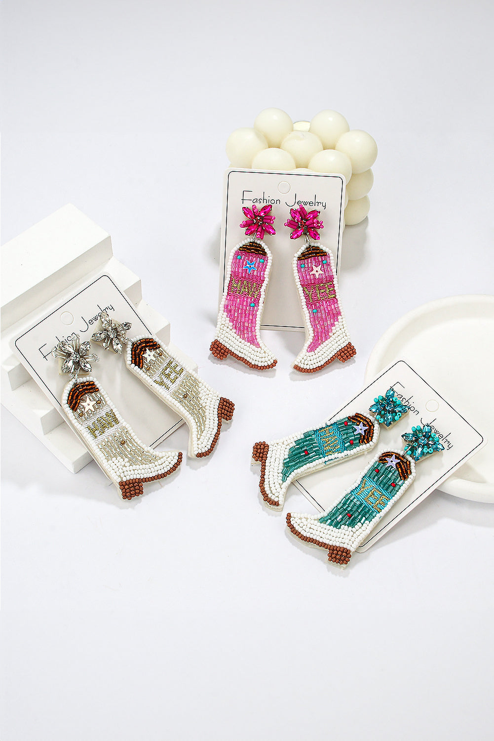 Cowboy Boots Rice Bead Dangle Earrings | Rose Red